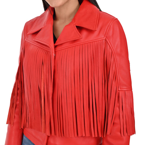 Chamarra de Piel Roja para Dama con Flecos Estilo Western.